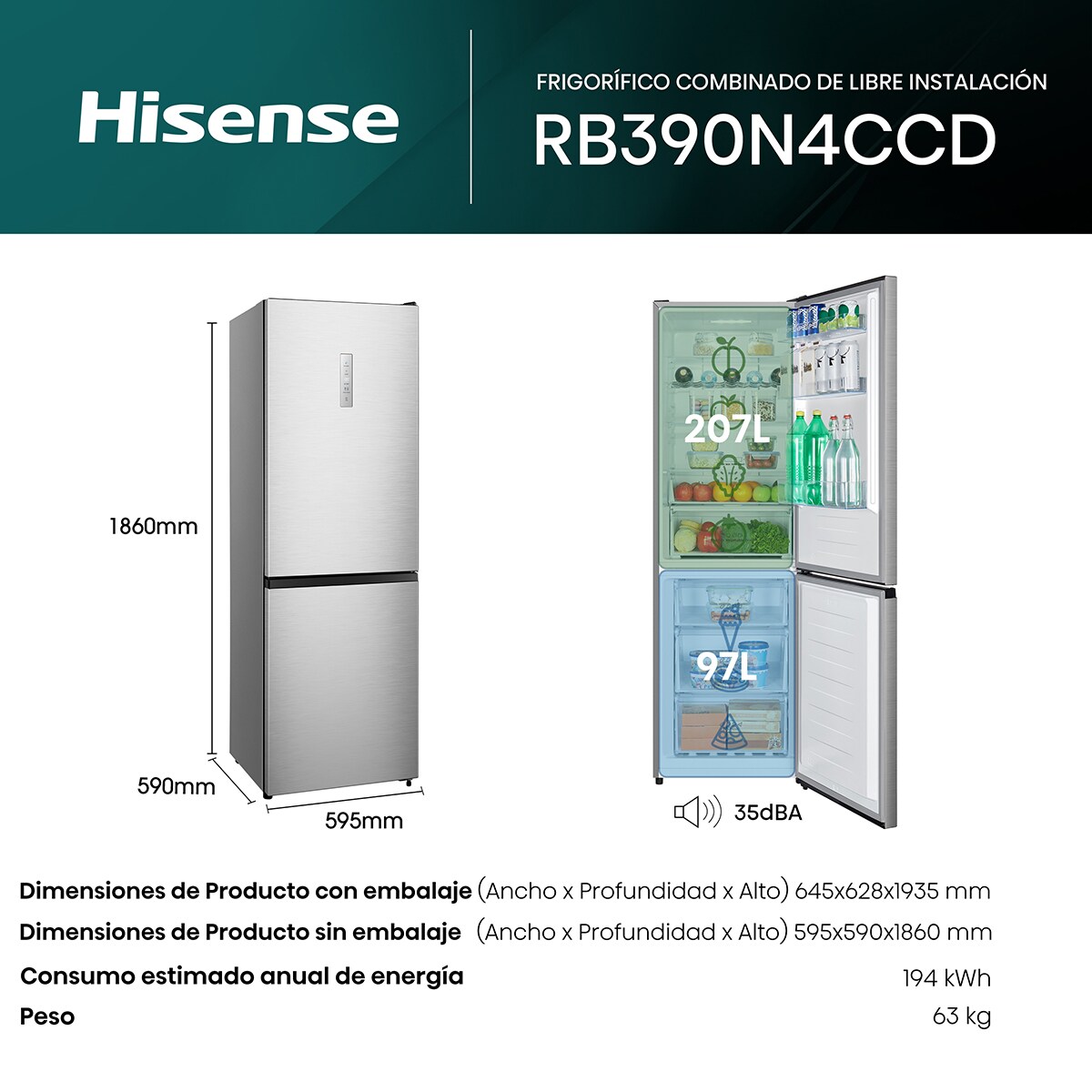 Frigorífico Combi Hisense MultiFlow - RB390N4CCD Inox-2