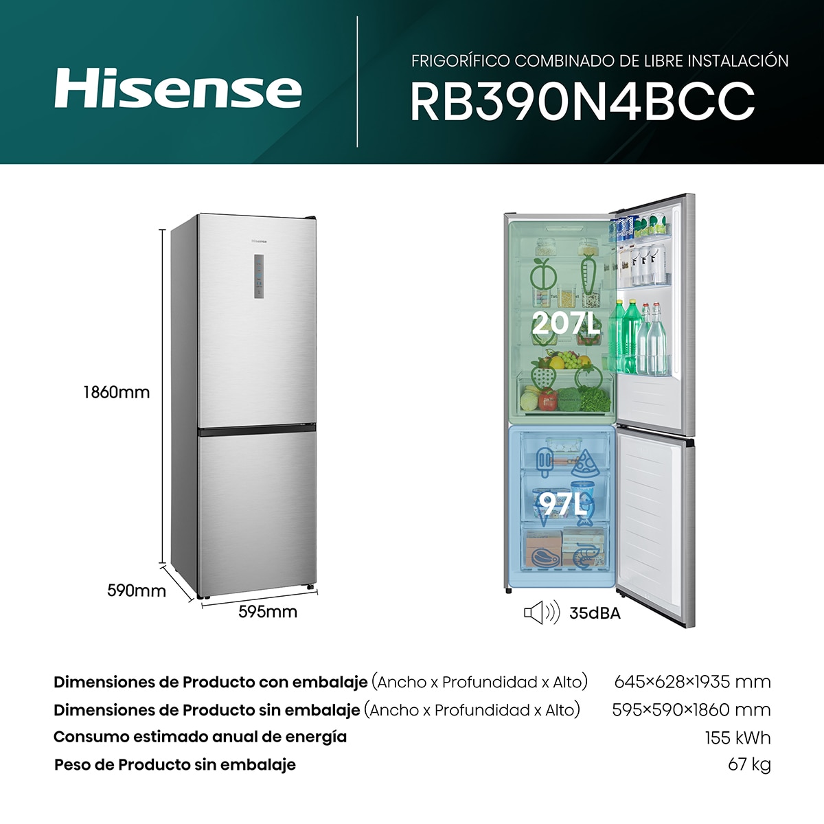 Frigorifico combi Hisense No Frost, Multi Air Flow - RB390N4BCC Inox-2