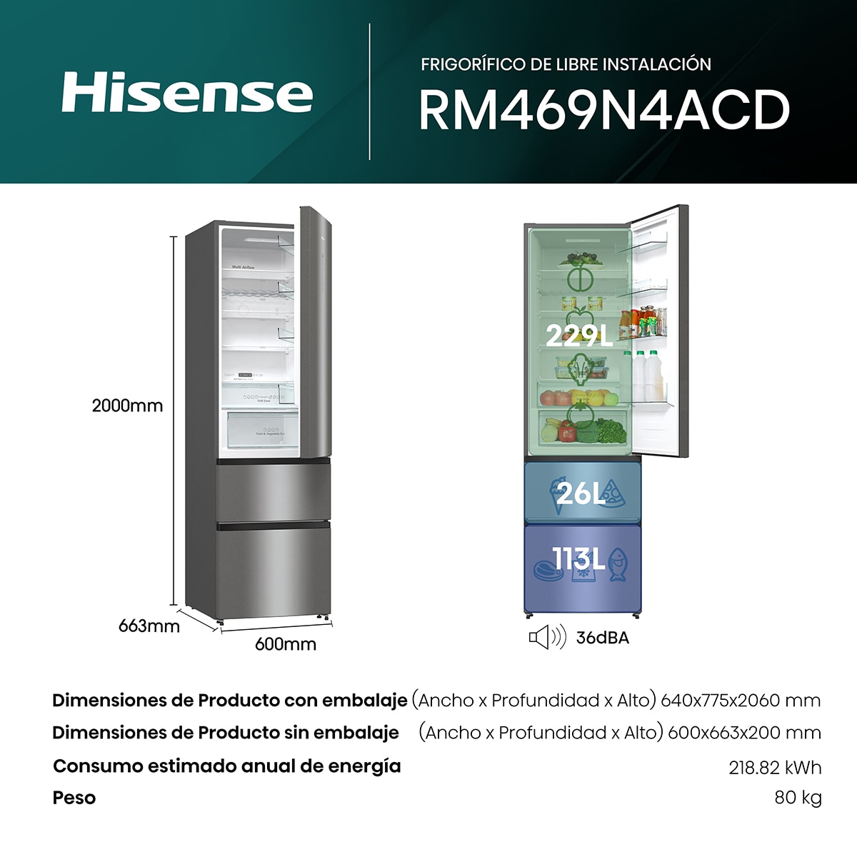 Frigorifico combi Hisense No Frost, 3 puertas - RM469N4ACD Inox-2