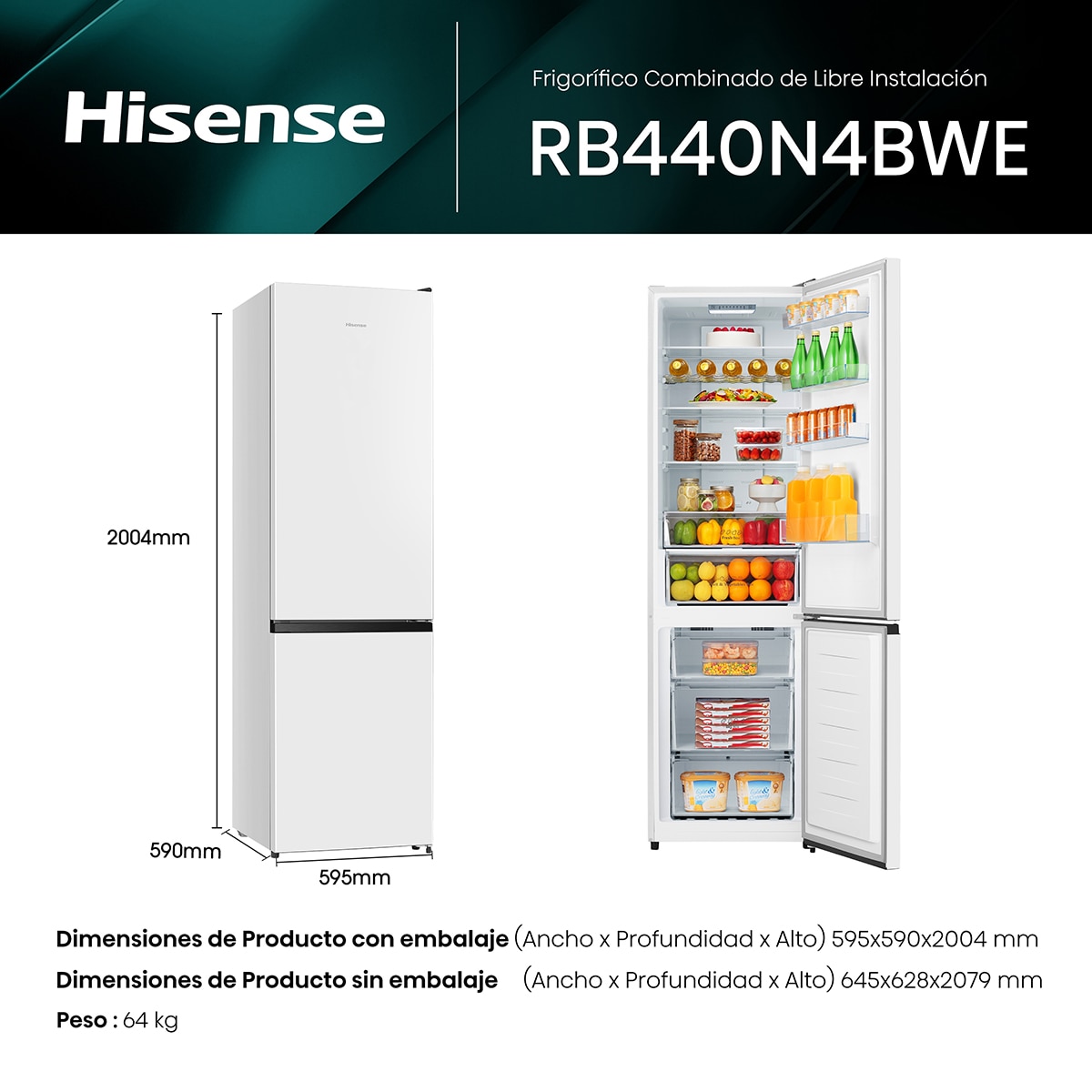 Frigorifico combi Hisense No Frost - RB440N4BWE Blanco-2