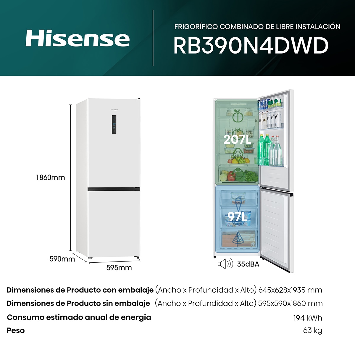 Frigorifico combi Hisense No Frost, Multi Air Flow - RB390N4DWD Blanco-2