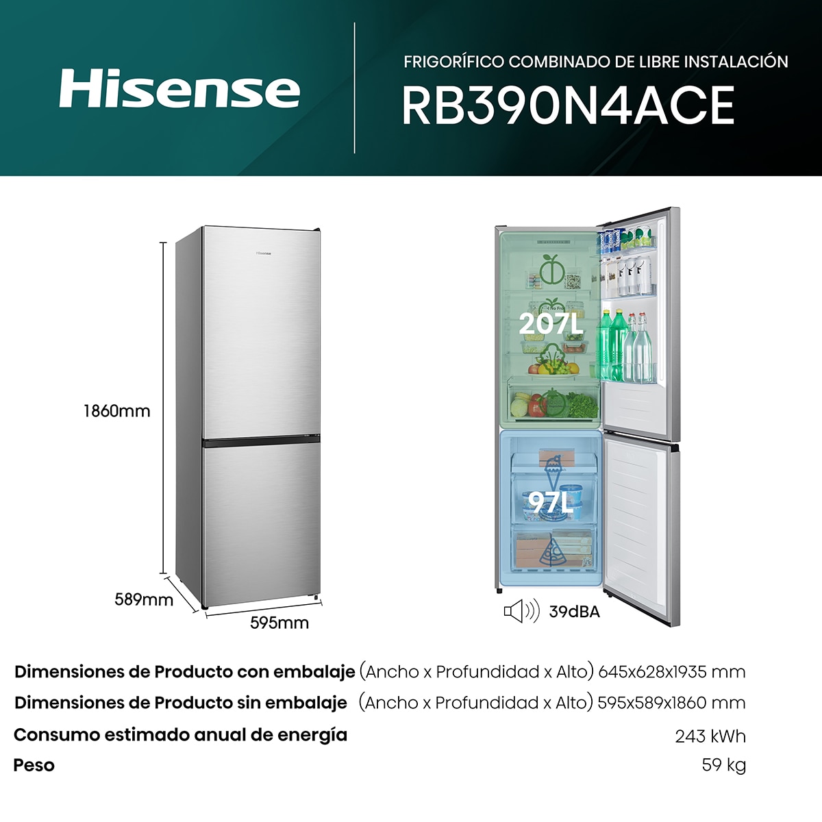 Frigorifico combi Hisense Total No Frost, Multi Air Flow - RB390N4ACE Inox-2