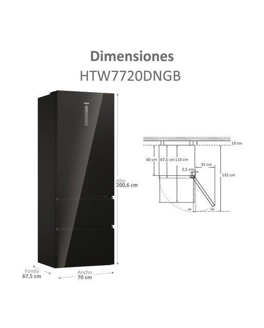 Frigorífico Combinado Haier 3D 70 Series 7 HTW7720DNGB de 3 Portas, No Frost, Wifi e de 200,6 cm - Vidro Icónico Vidro preto-4