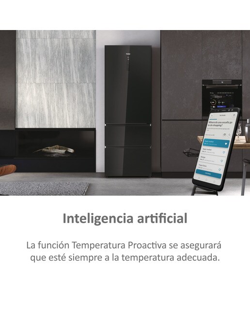 Frigorífico Combinado Haier 3D 70 Series 7 HTW7720DNGB de 3 Portas, No Frost, Wifi e de 200,6 cm - Vidro Icónico Vidro preto-6