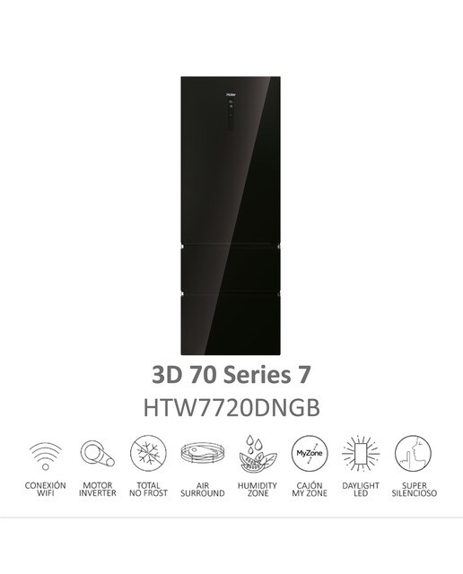 Frigorífico Combinado Haier 3D 70 Series 7 HTW7720DNGB de 3 Portas, No Frost, Wifi e de 200,6 cm - Vidro Icónico Vidro preto-13