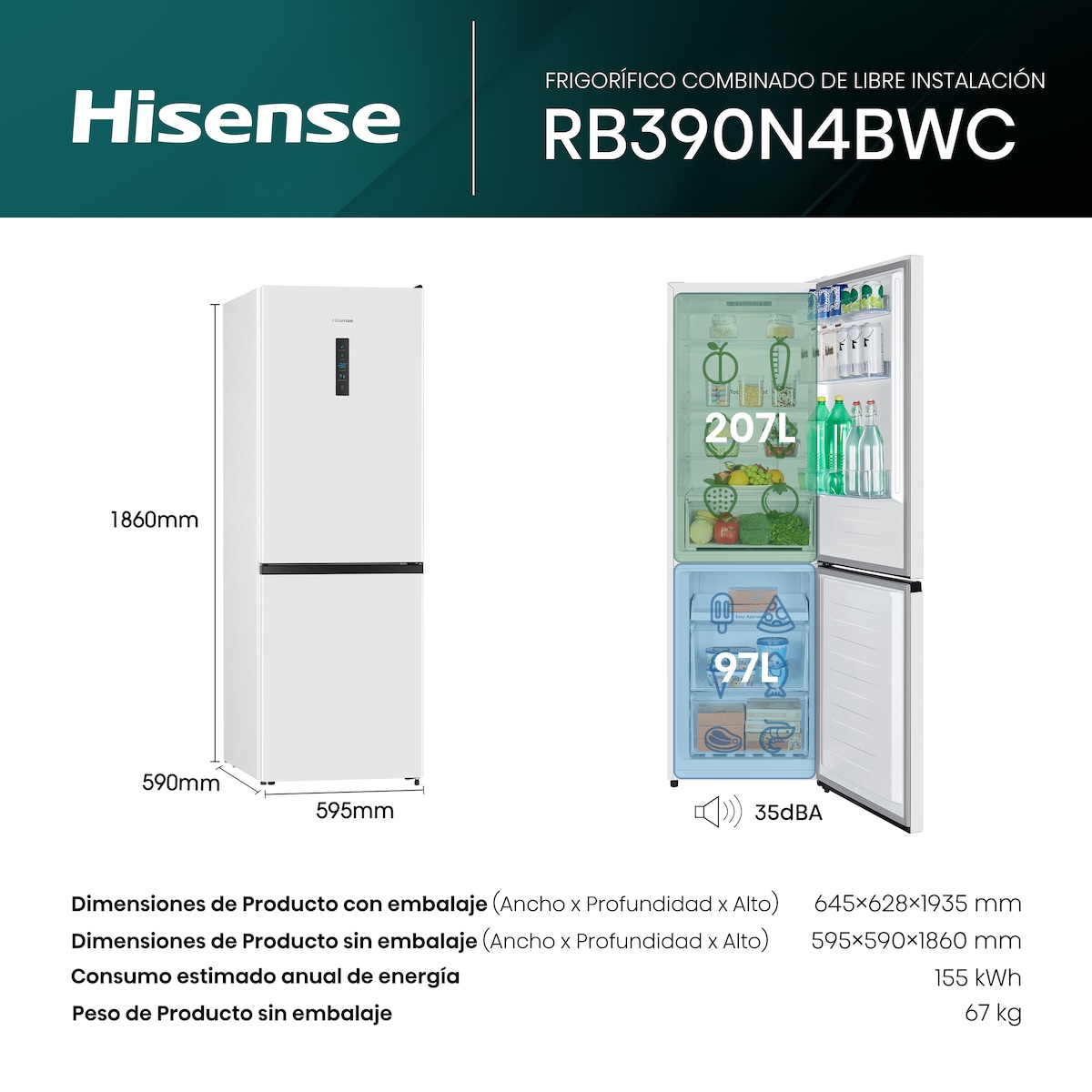 Frigorífico combi Hisense Total No Frost, Multi AirFlow - RB390N4BWC Blanco-2