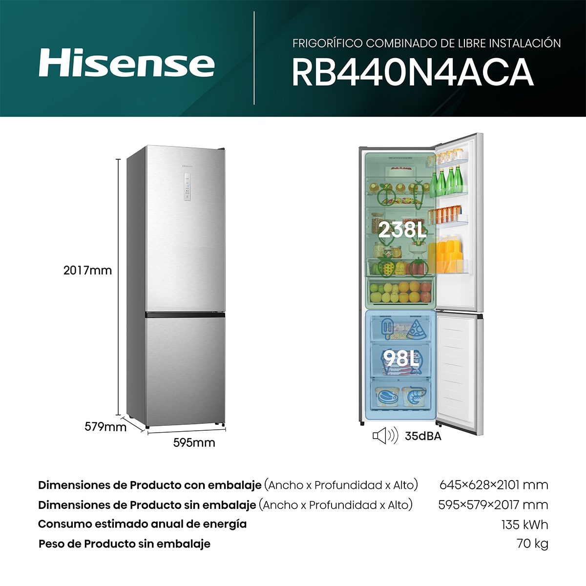 Frigorífico combi Hisense Total No Frost - RB440N4ACA - Inox Inox-2