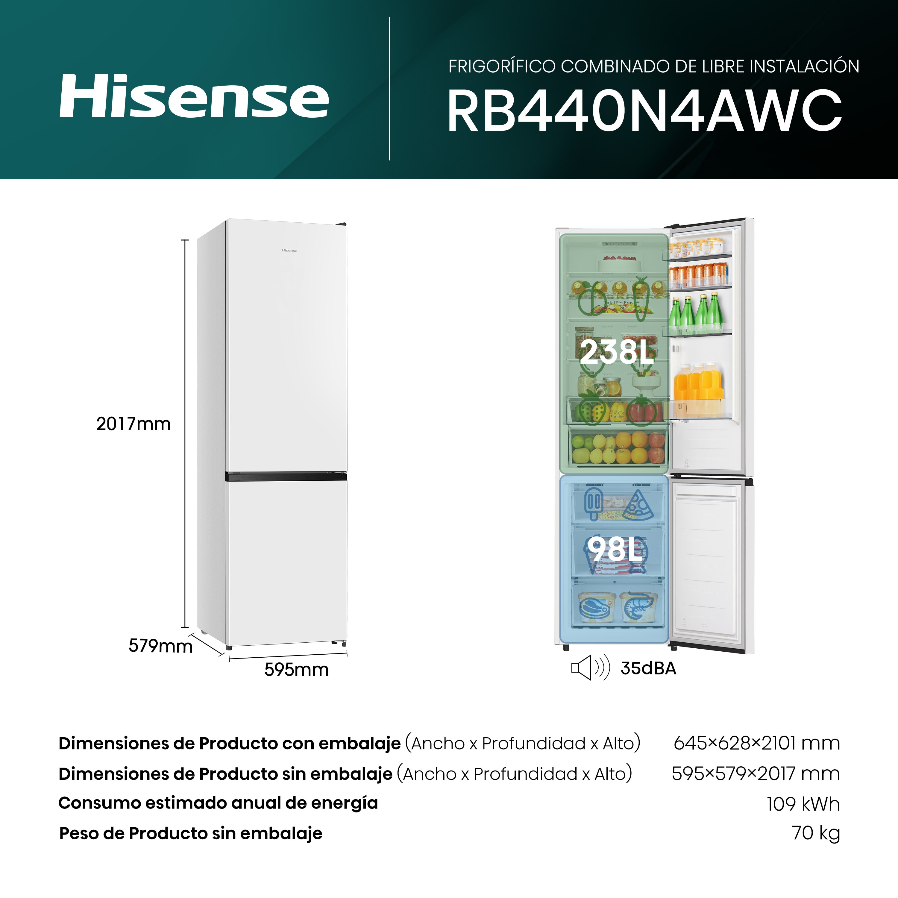Frigorífico combi Hisense Total No Frost - RB440N4AWC Blanco-2