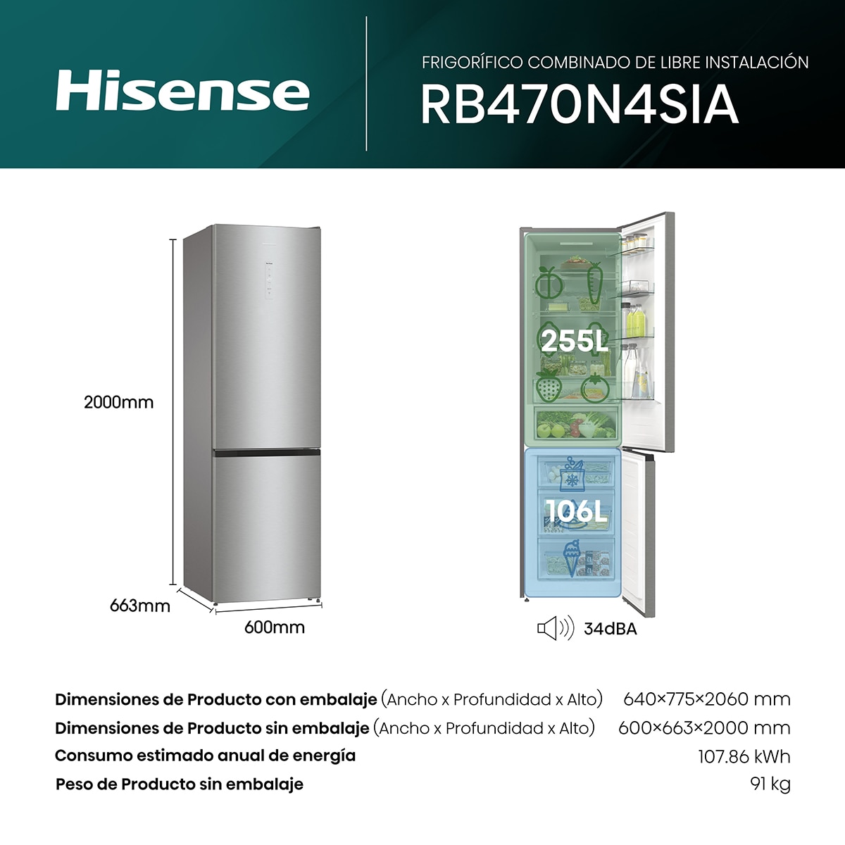 Frigorífico combi Hisense No Frost, WiFi - RB470N4SIA Inox-2