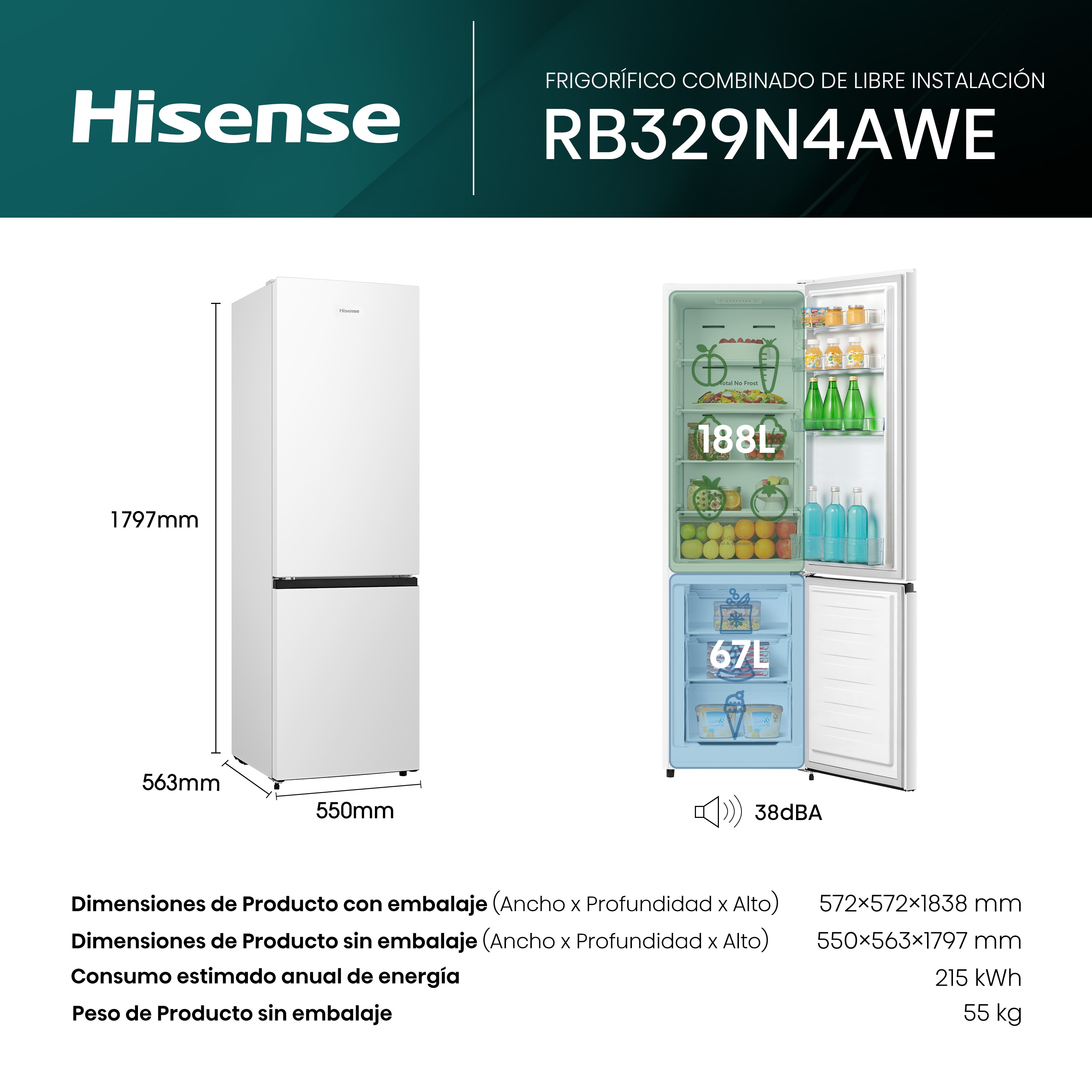 Frigorífico combi Hisense Total No Frost - RB329N4AWE Blanco-2