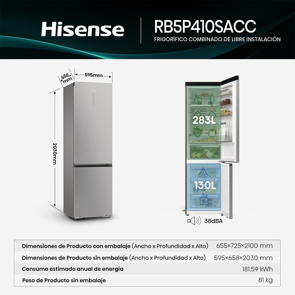 Frigorífico combi Hisense Total No Frost con tecnología Inverter - RB5P410SACC Inox-2