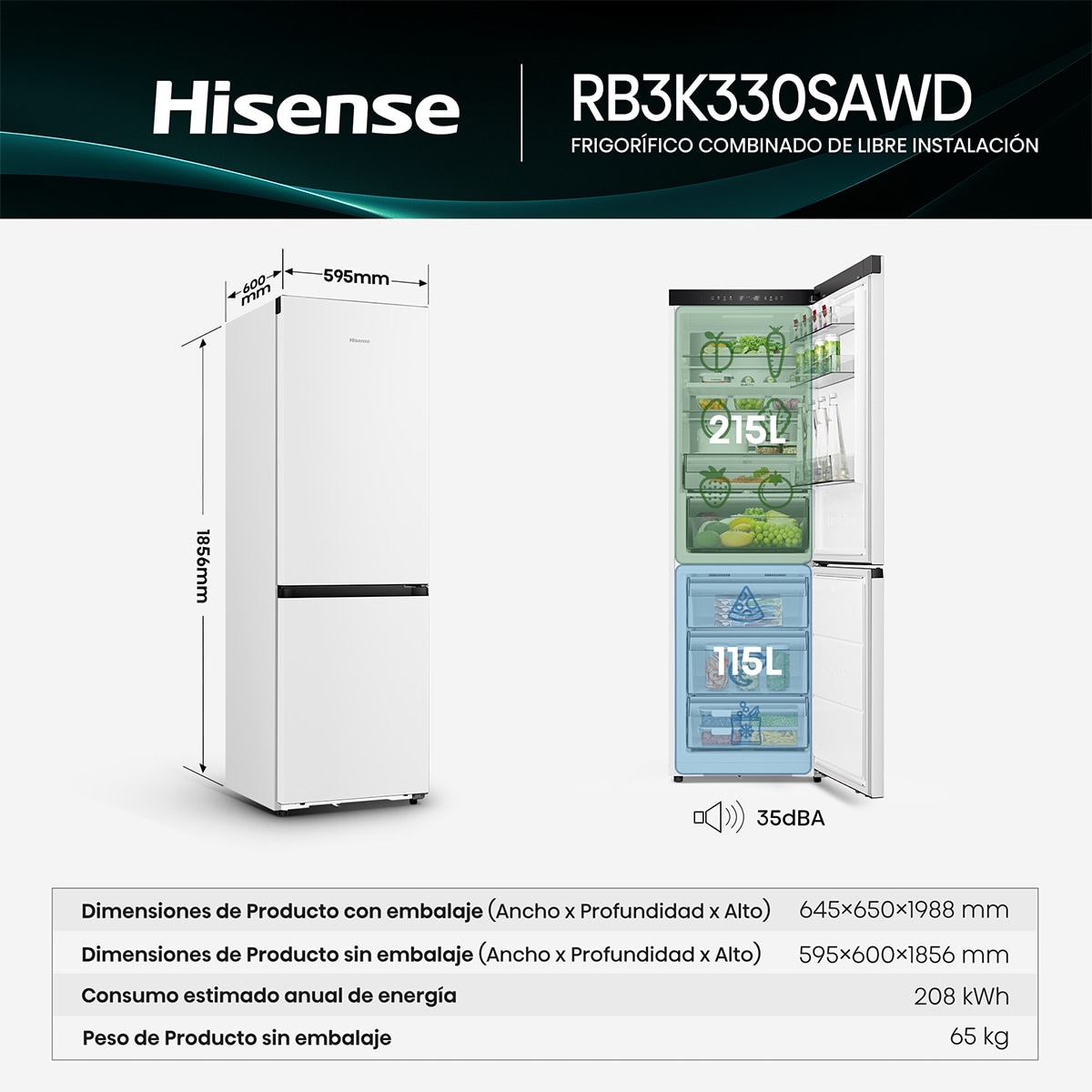 Frigorífico combi Hisense 2 puertas Total No Frost, Kitchen Fit - RB3K330SAWD Blanco-3