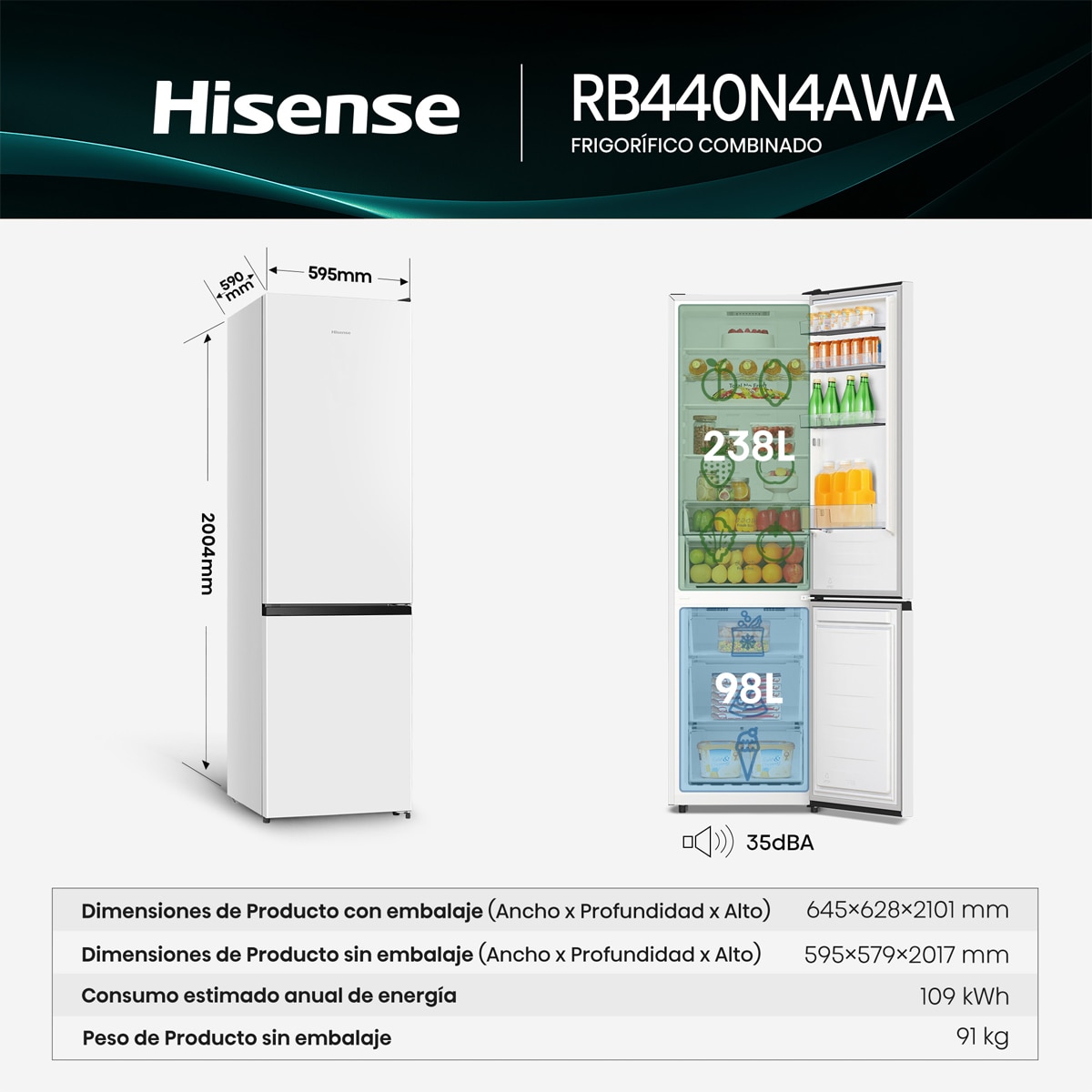 Frigorífico Combi Hisense, Total No Frost con Tecnología Inverter - RB440N4AWA Blanco-2