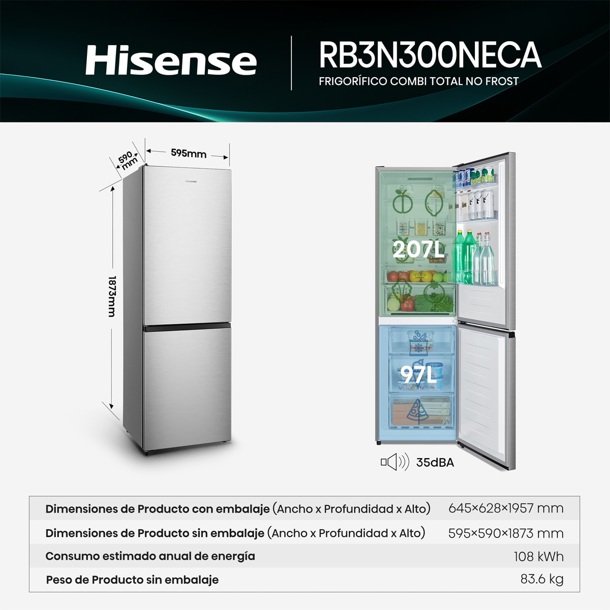 Frigorífico Combi Hisense, Total No Frost con Tecnología Inverter -RB3N300NECA Inox-4