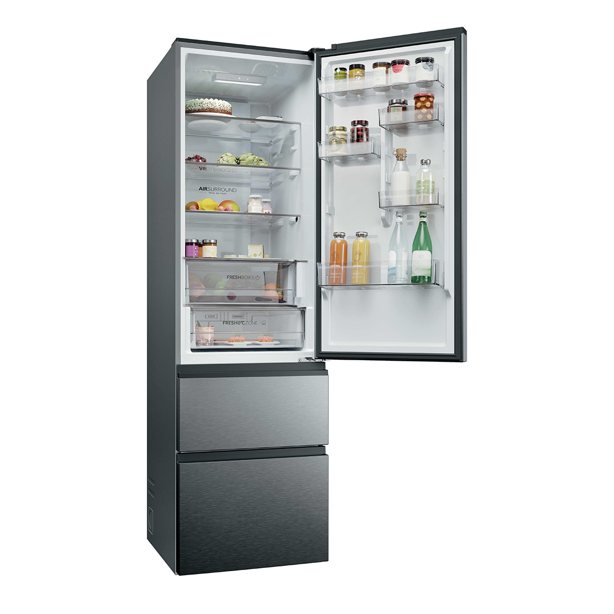 Frigorífico combi Haier HTR3620CNMP, 205 x 59.5 x 66.7 cm, No Frost, clase C, 181 kWh/año, 35 dB, 414 litros, Fresh 0°C, 3 puertas, inox oscuro - imagen 5