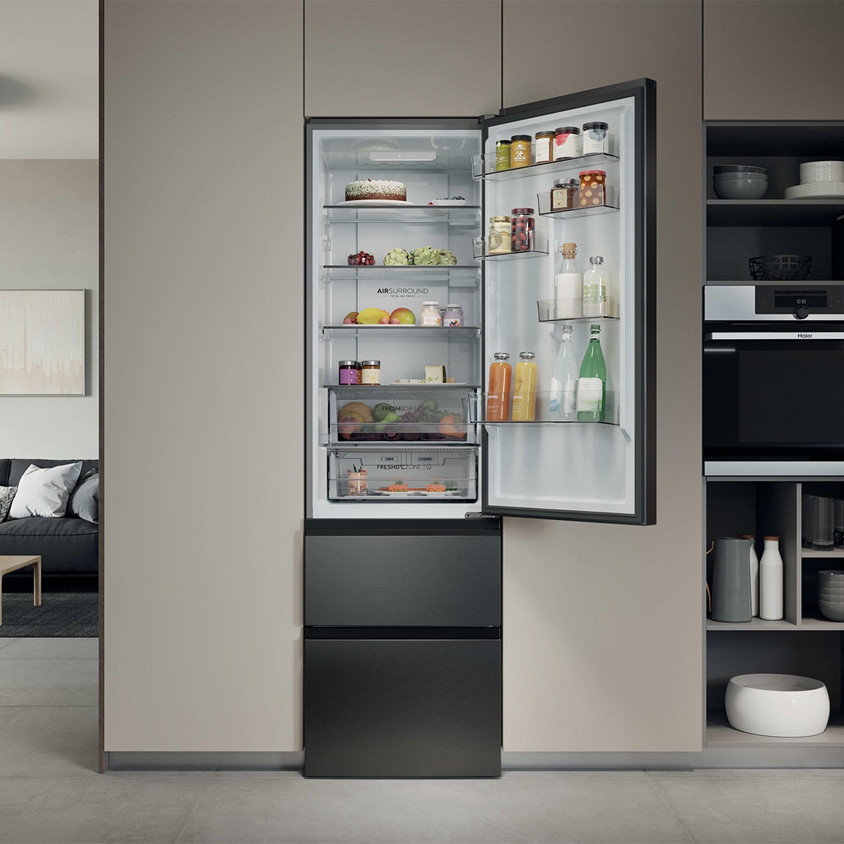 Frigorífico combi Haier HTR3620CNMP, 205 x 59.5 x 66.7 cm, No Frost, clase C, 181 kWh/año, 35 dB, 414 litros, Fresh 0°C, 3 puertas, inox oscuro - imagen 9