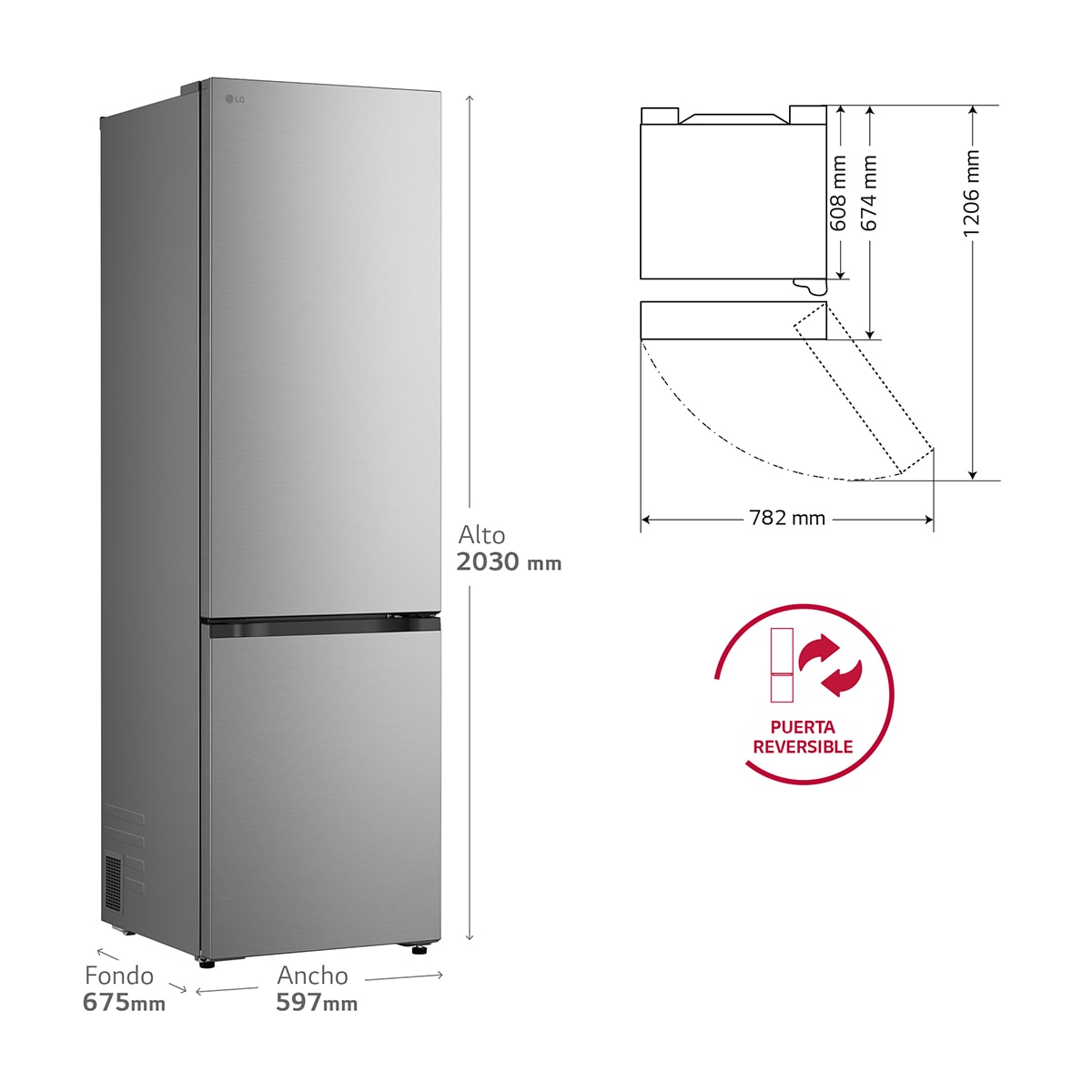 Frigorífico combi LG GBBS524DPY, 203 x 59.7 x 67.4 cm, Total No Frost, clase D, 218 kWh/año, 35 dB, 375 litros, Fresh Converter+, inox antihuellas - imagen 3