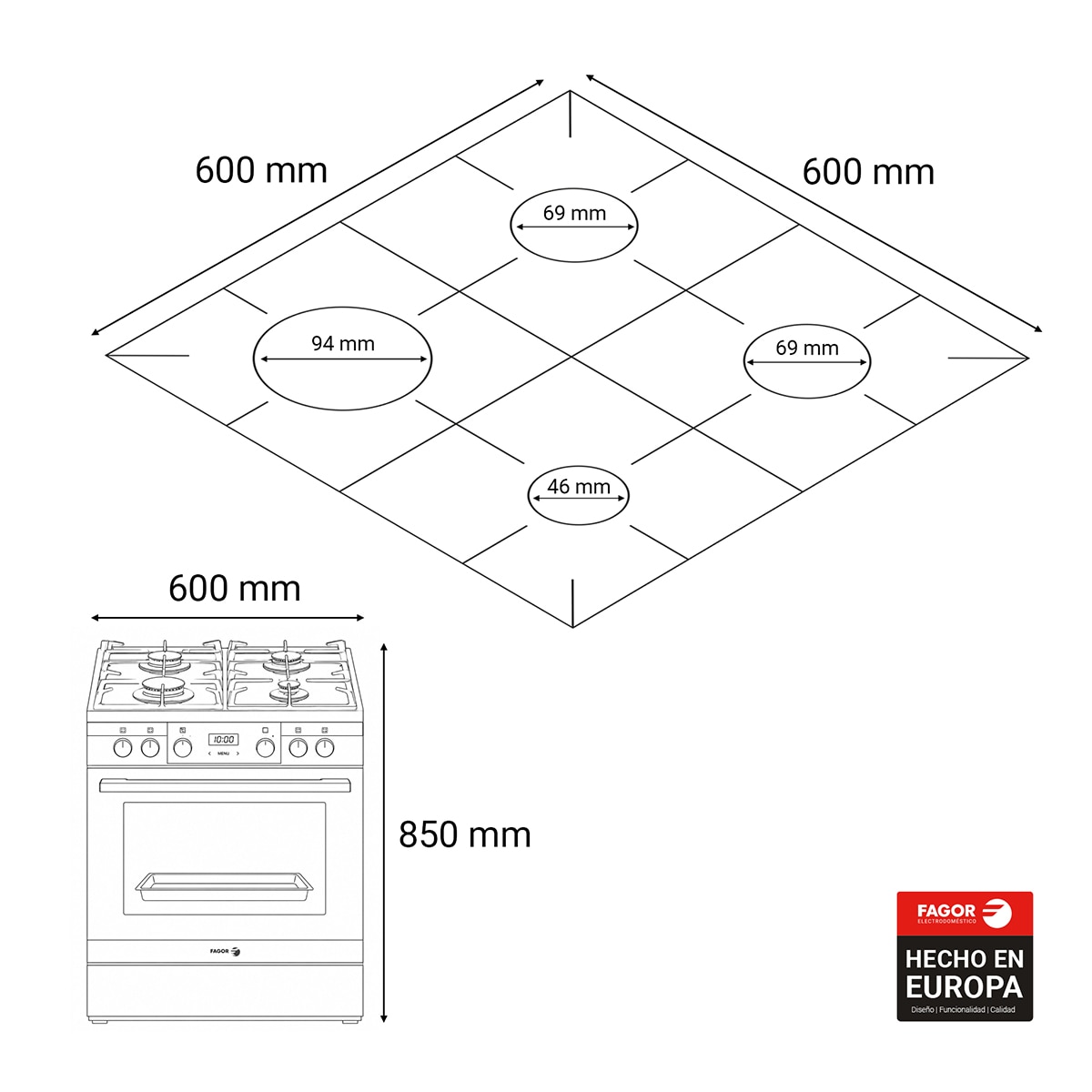 Cocina compacta Fagor con 4 quemadores y horno eléctrico - 3CLG-610BX - Inox Inox-2