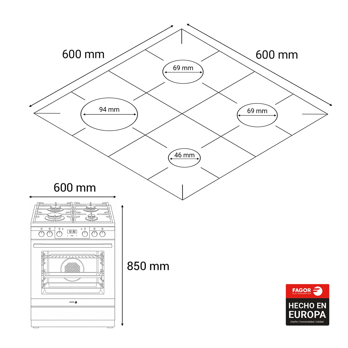 Cocina compacta Fagor con 4 quemadores y horno eléctrico - 3CLG-610BB - Blanco Blanco-2