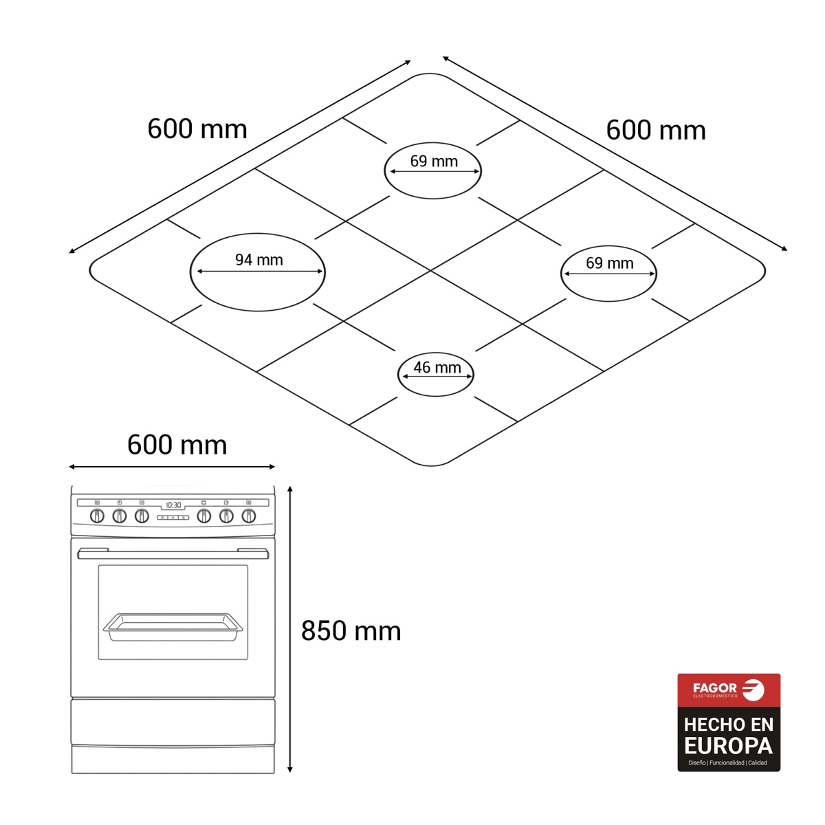 Cocina compacta Fagor con 4 quemadores y horno eléctrico Comfort - 3CLG-605BB 2
