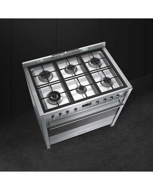 Cocina compacta Smeg 90 cm, placa de gas 6 quemadores, horno y cajón - A1-9 Acero Inox-3