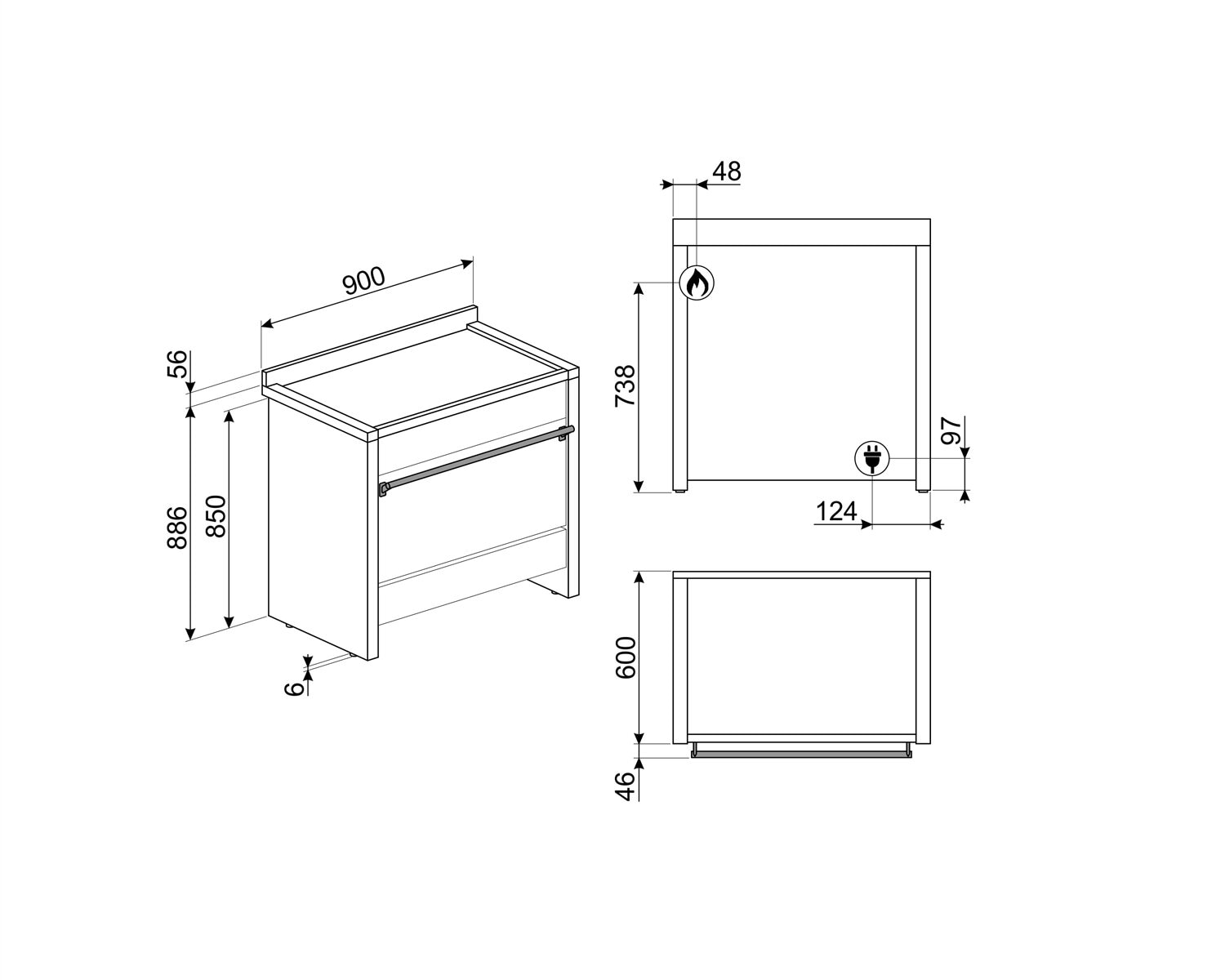 Cocina compacta Smeg 90 cm, placa de gas 6 quemadores, horno y cajón - A1-9 Acero Inox-5