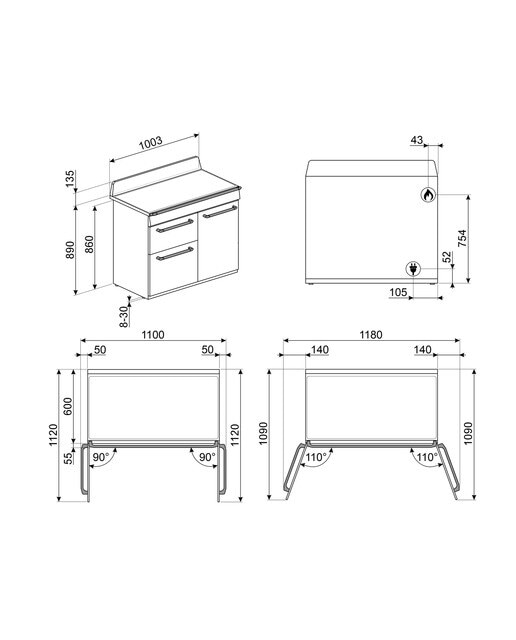 Cocina compacta Smeg 100,3 cm, placa de gas 6 quemadores y 3 cavidades de horno - TR103P Crema-2