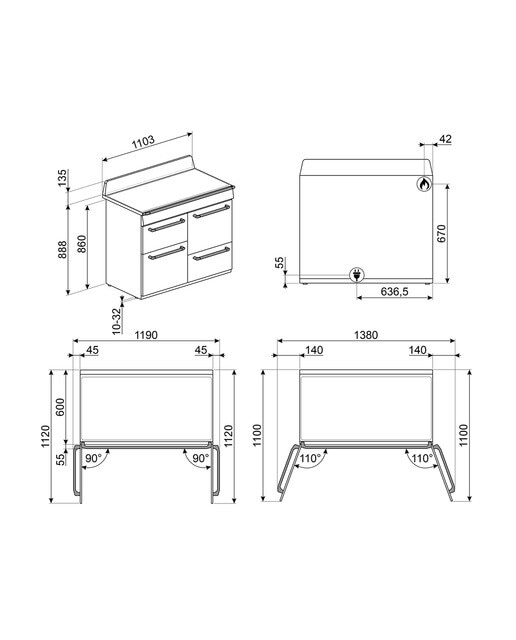 Cocina compacta Smeg placa de gas 7 quemadores, 3 cavidades de horno y 1 cajón - TR4110P1 Blanco-2