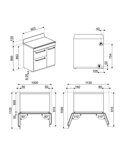 Cocina compacta Smeg placa de gas 6 quemadores y 3 cavidades de horno - TR93BL Negro-2