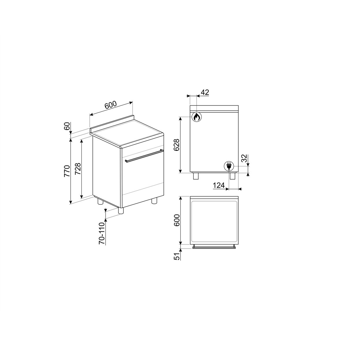 Cocina compacta gas Smeg 60 cm, 1 cavidad de horno - CX60GMX Acero Inox-7