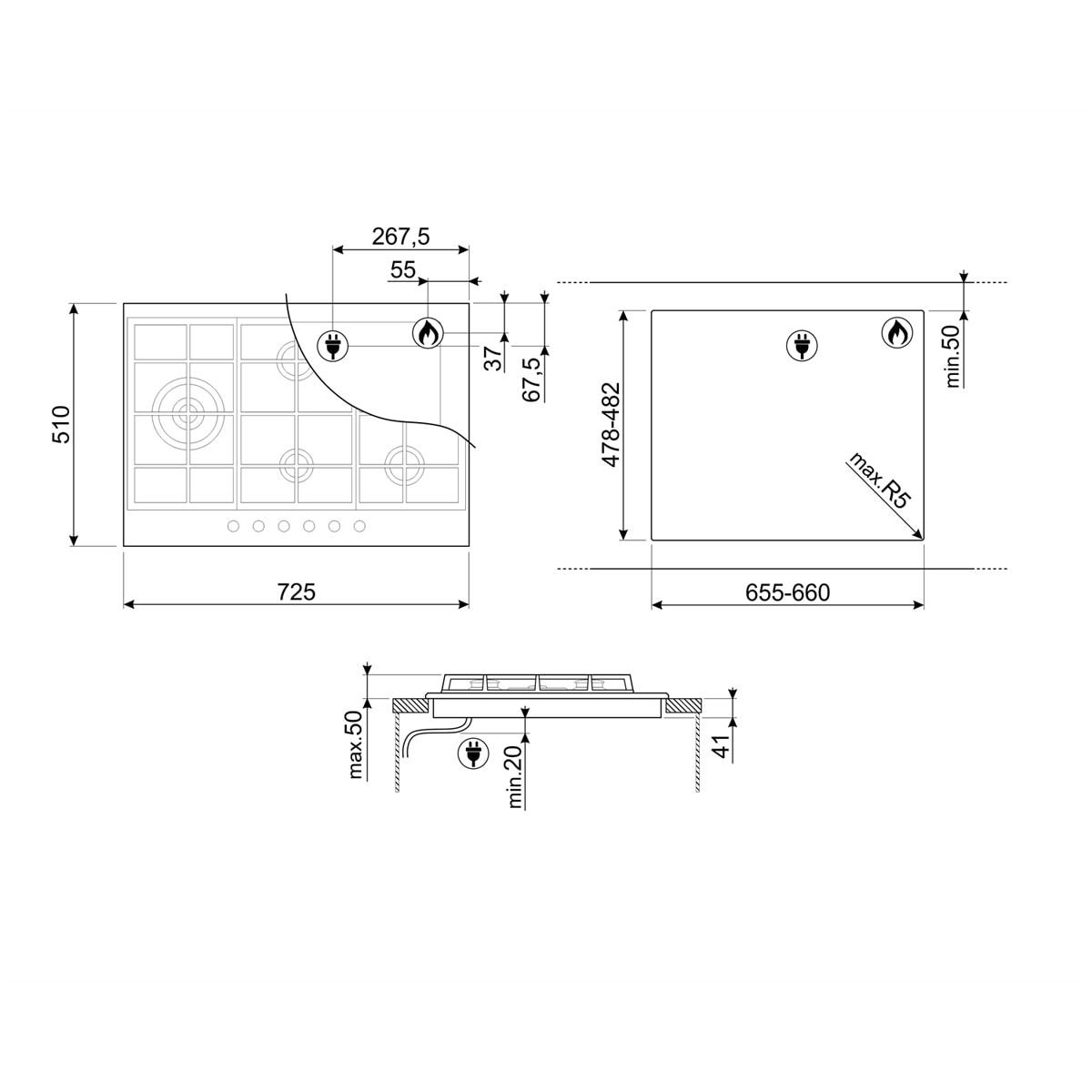 Placa de gas Smeg 4 quemadores - PX375 Negro-4