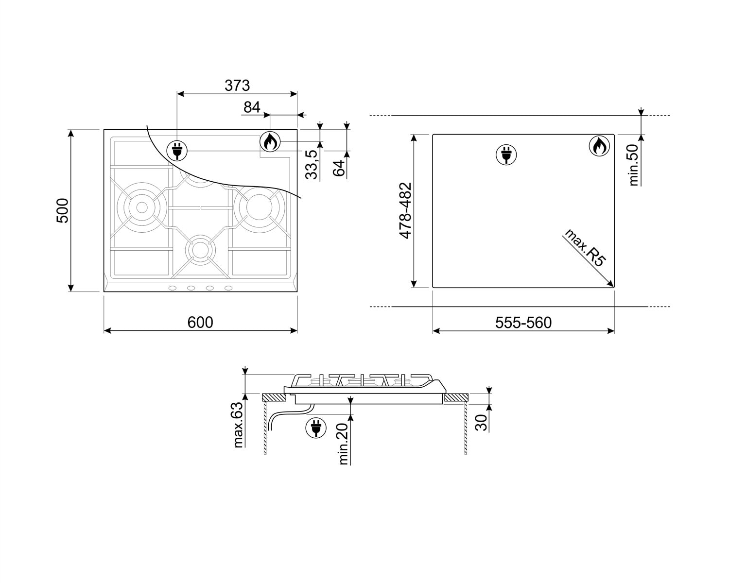 Placa gas Smeg 4 quemadores - SER60SGH3 Inox-3