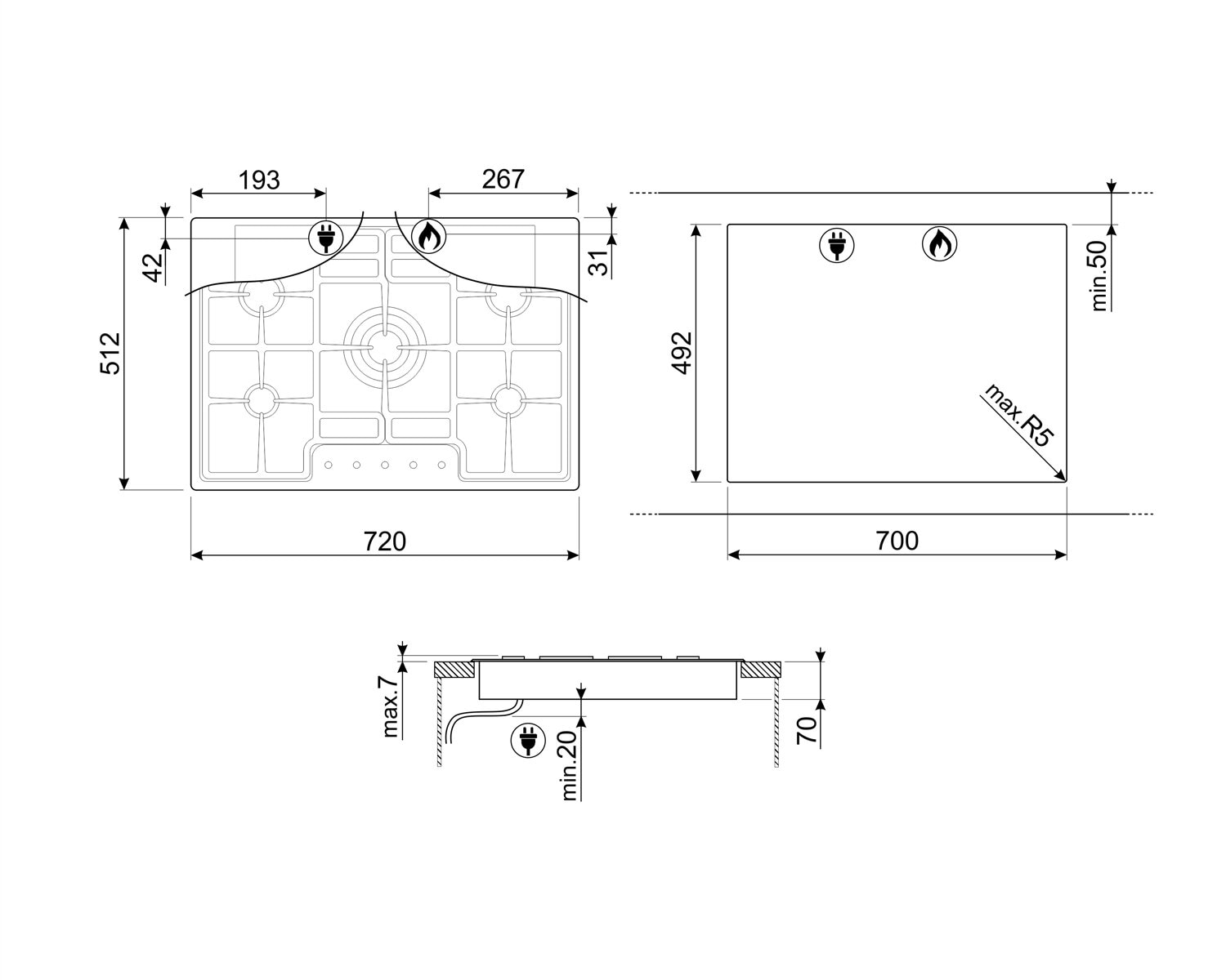 Placa de gas Smeg PGF754 con 4 quemadores Inox-4