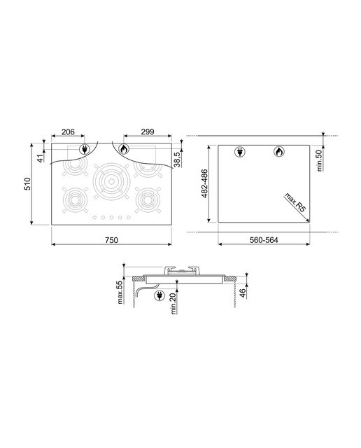 Placa de gas Smeg con 5 quemadores - PV675CNR Negro Negro-2