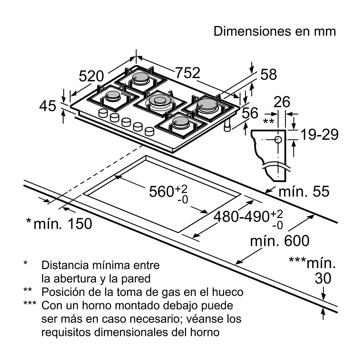 Placa de gas Bosch de 75 cm, con 5 quemadores - PPQ7A6B90 Negro-2