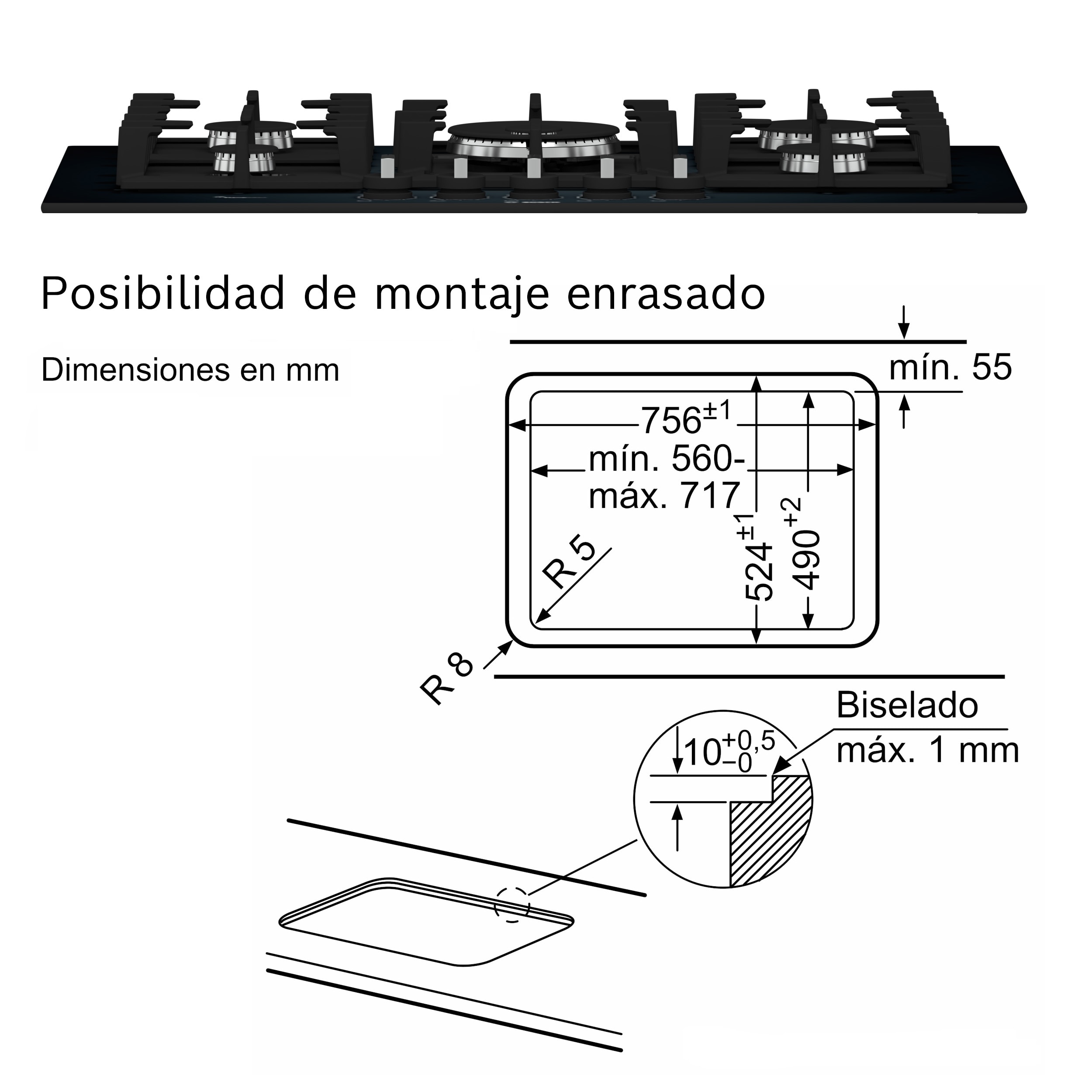 Placa de gas Bosch de 75 cm, con 5 quemadores - PPQ7A6B90 Negro-10