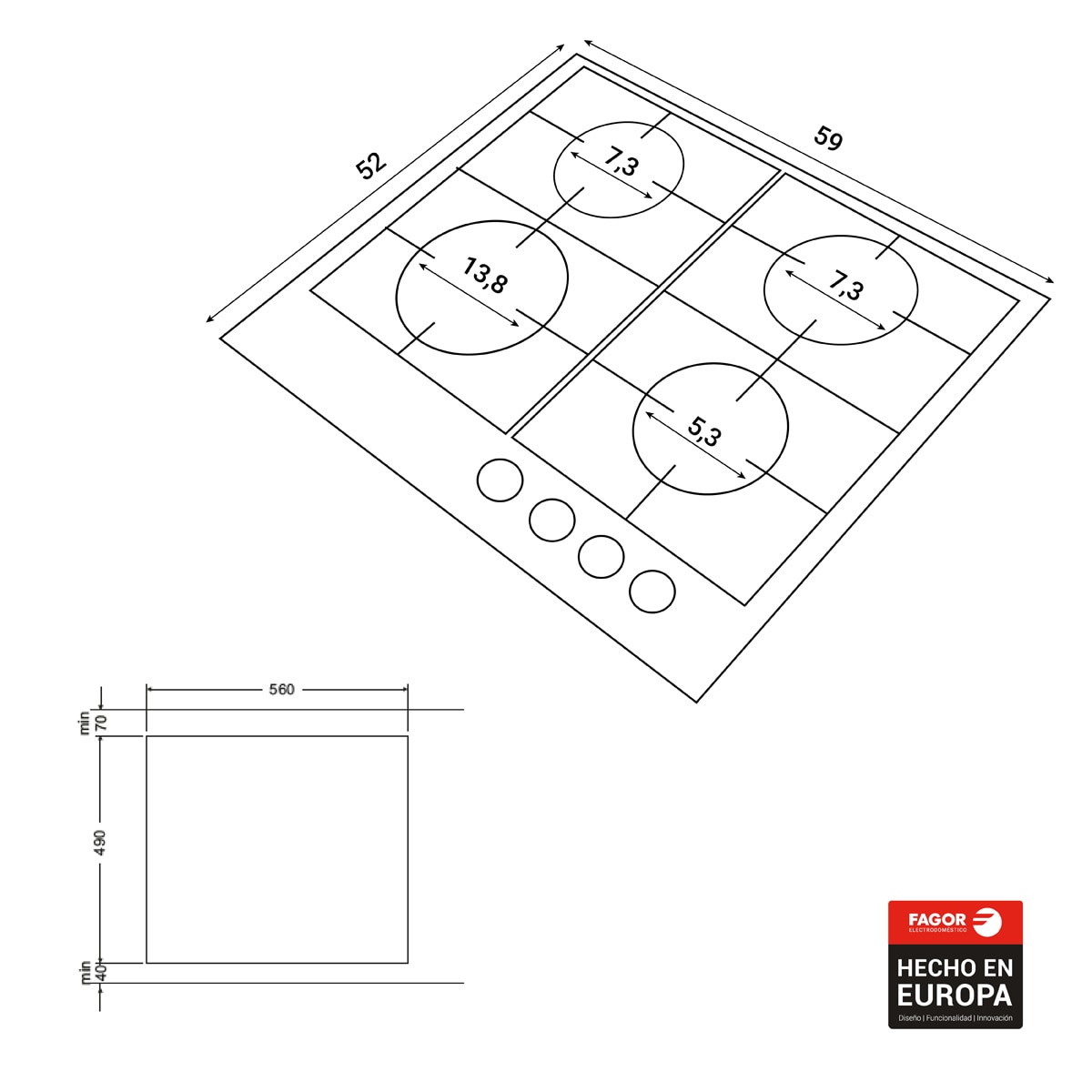 Placa gas Fagor con 4 quemadores - 3CFI-4GLSPA Cristal negro-2