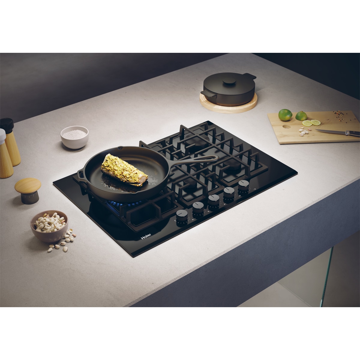 Placa de gas Haier de 75 cm y con Wok lateral - HAVG7WL4BPB Negro-5
