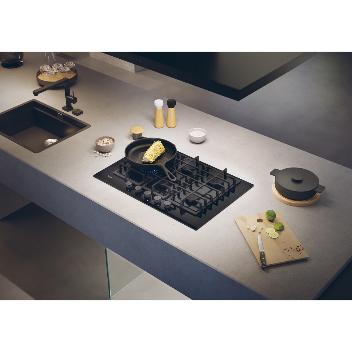 Placa de gas Haier de 75 cm y con Wok lateral - HAVG7WL4BPB Negro-6
