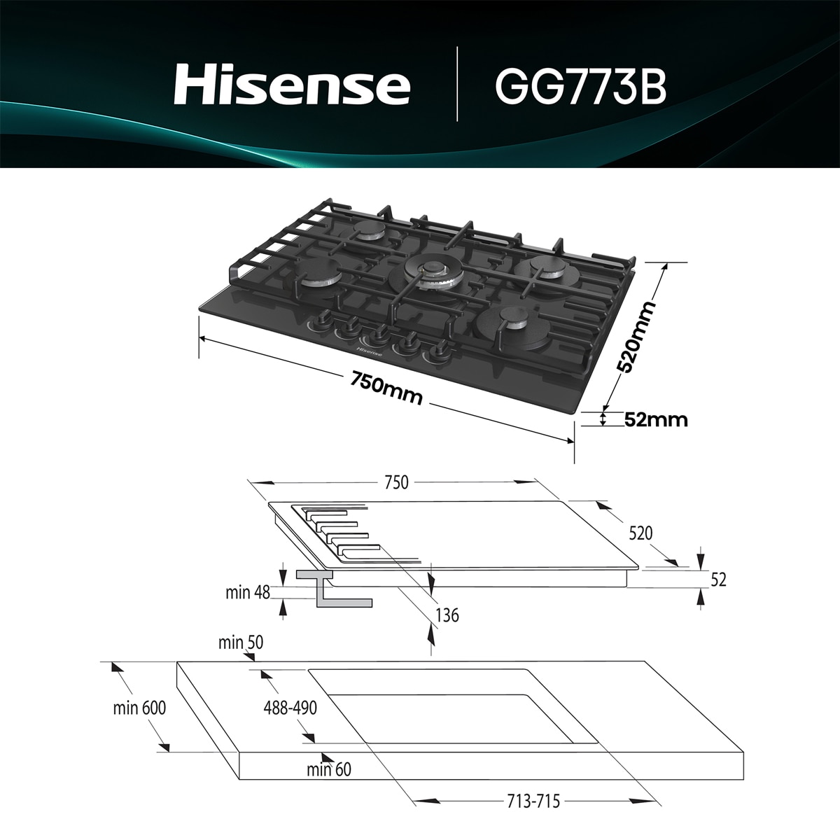Placa de Gas Hisense con 5 quemadores - GG773B Cristal negro-2