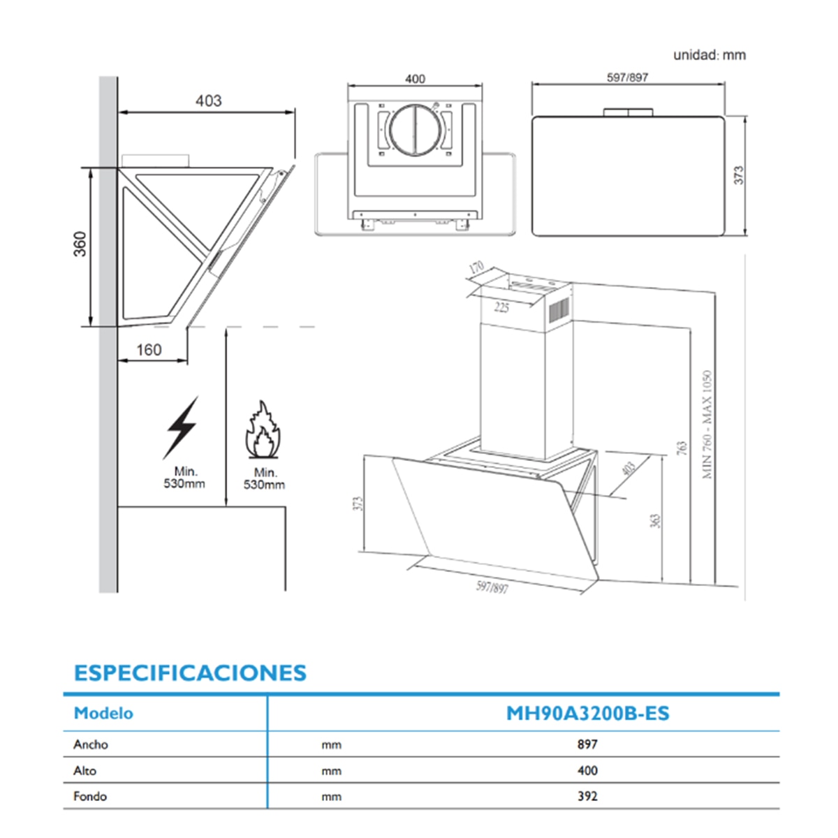 Exaustor de Parede Midea MH90A3200B-ES Controlo Tátil e de 89,7 cm - Vidro Preto Vidro preto-2
