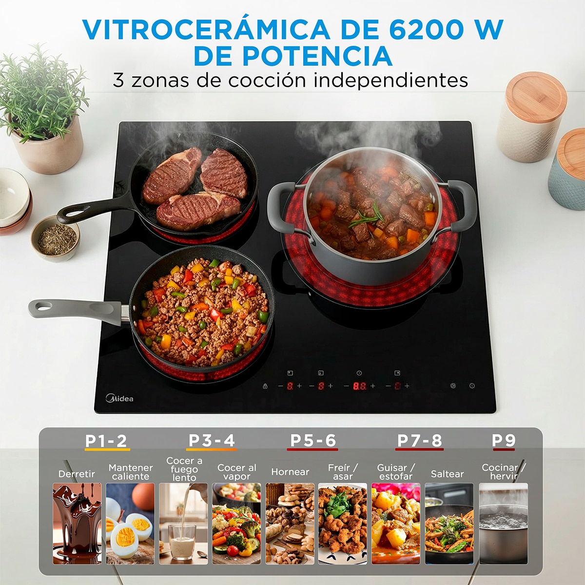 Placa de Vitrocerâmica Midea MCH522T219K0 de 3 Zonas e de 59 cm - Preto Preto-5