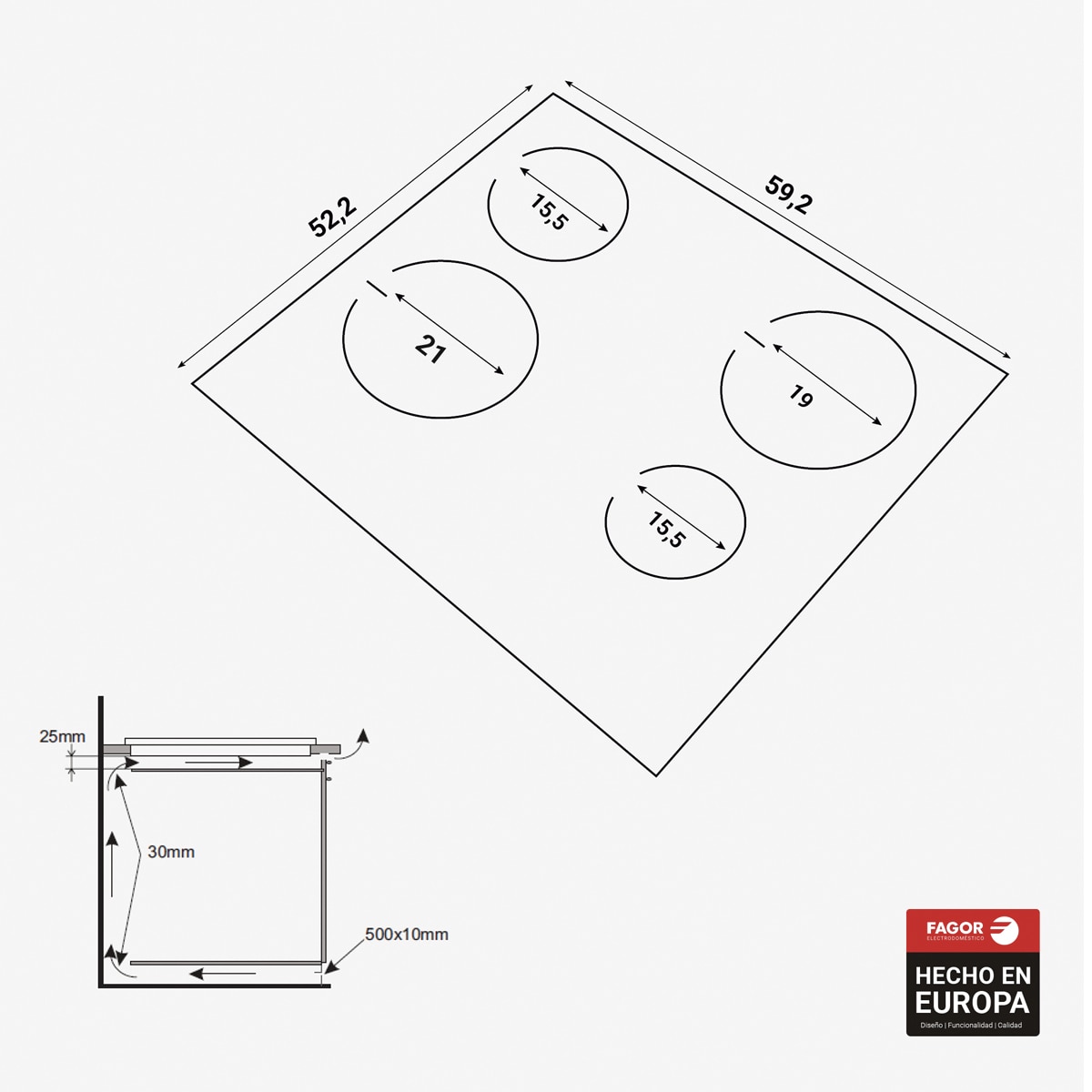 Imagen 2 de Placa vitrocerámica Fagor con 4 zonas de cocción Comfort - 4VFT-40AC - Negro Negro