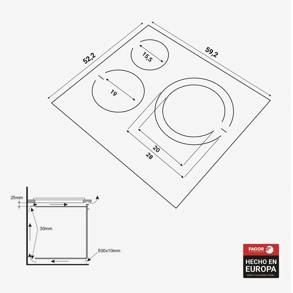 Placa vitrocerámica Fagor con 3 zonas de cocción Comfort - 4VFT-33AC Negro-2