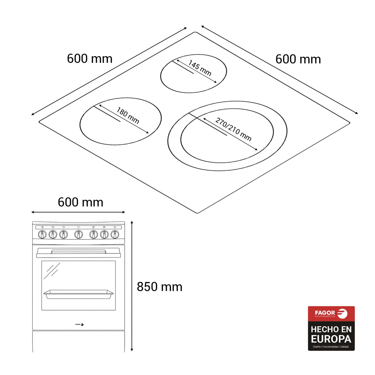 Cocina compacta Fagor con placa vitroceramica y horno eléctrico Comfort - 3CLV-600BB Blanco-2