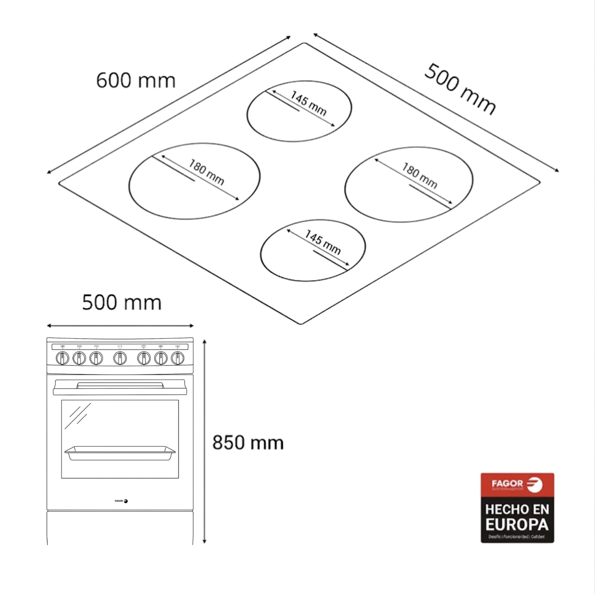 Cocina compacta Fagor con placa vitroceramica y horno eléctrico Classic - 3CLV-500BB Blanco-2