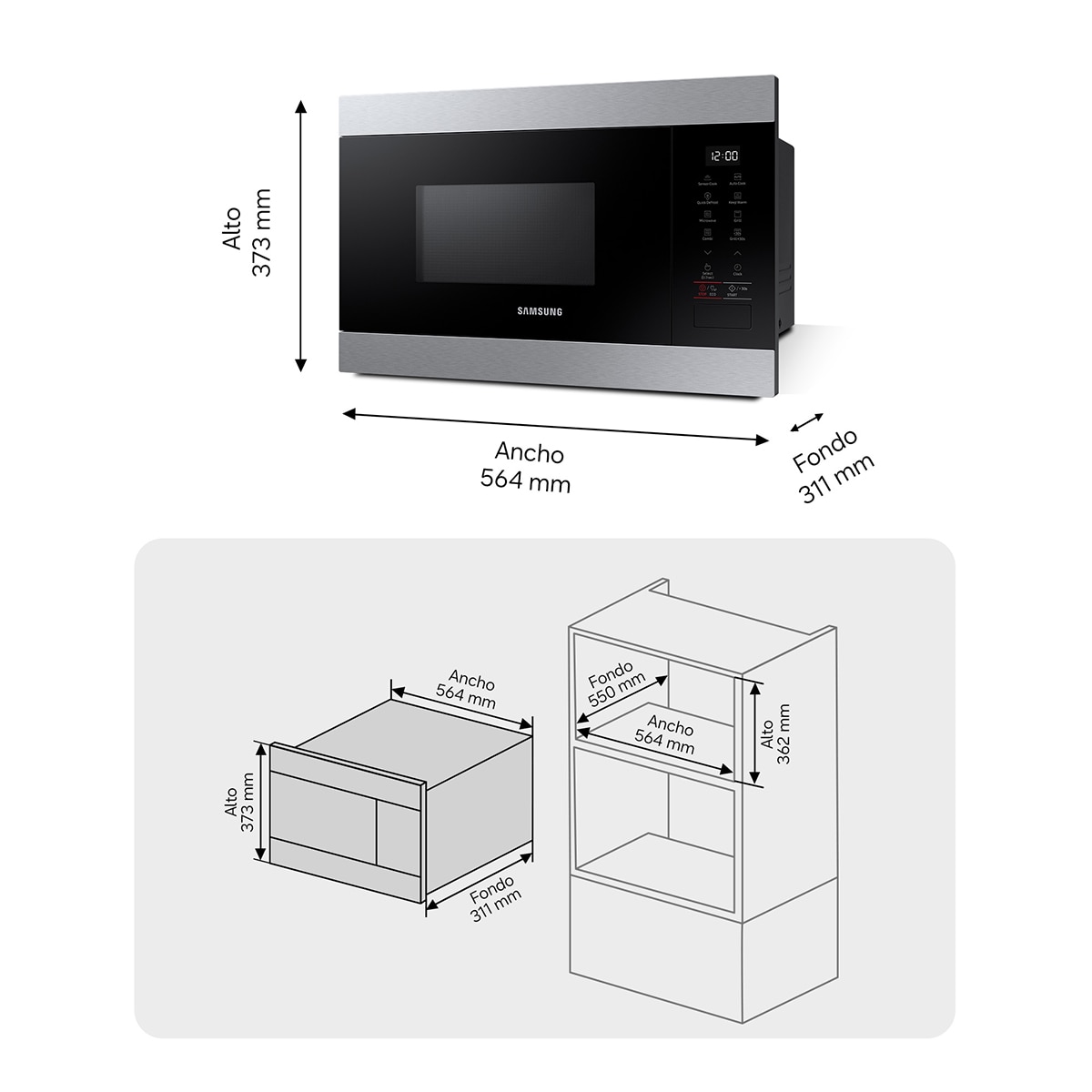 Imagen 2 de Microondas integrable Samsung 22 litros y grill - MG22M8274CT/E1 - Negro / Acero Inox Negro / Acero Inox