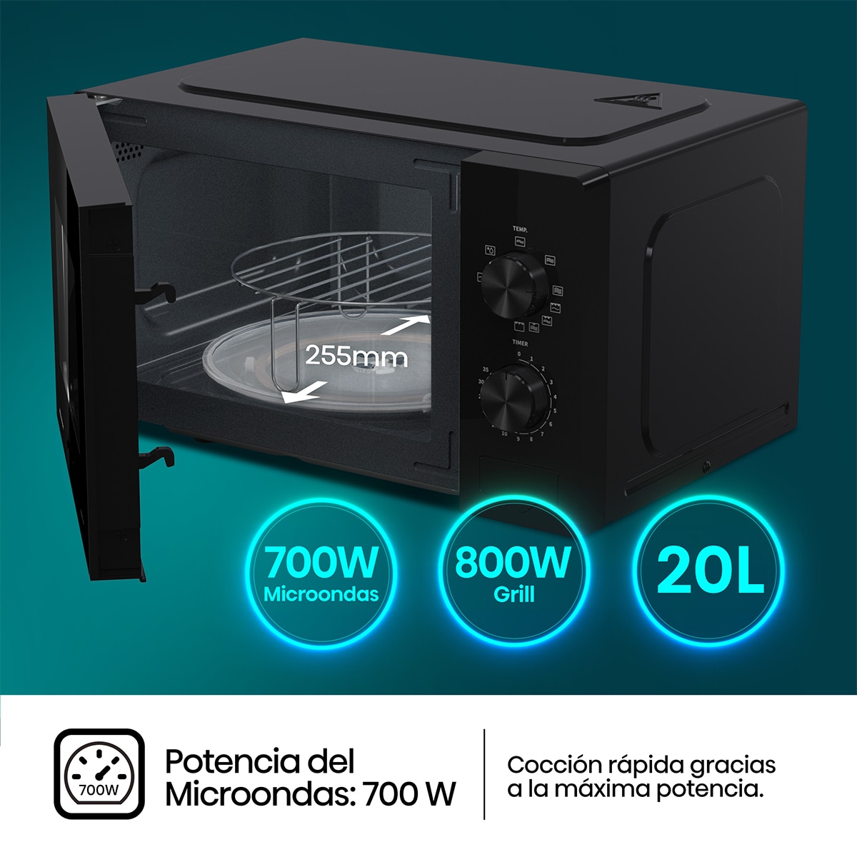 Microondas Hisense H20MOBP1G con grill y capacidad de 20 litros Negro-7