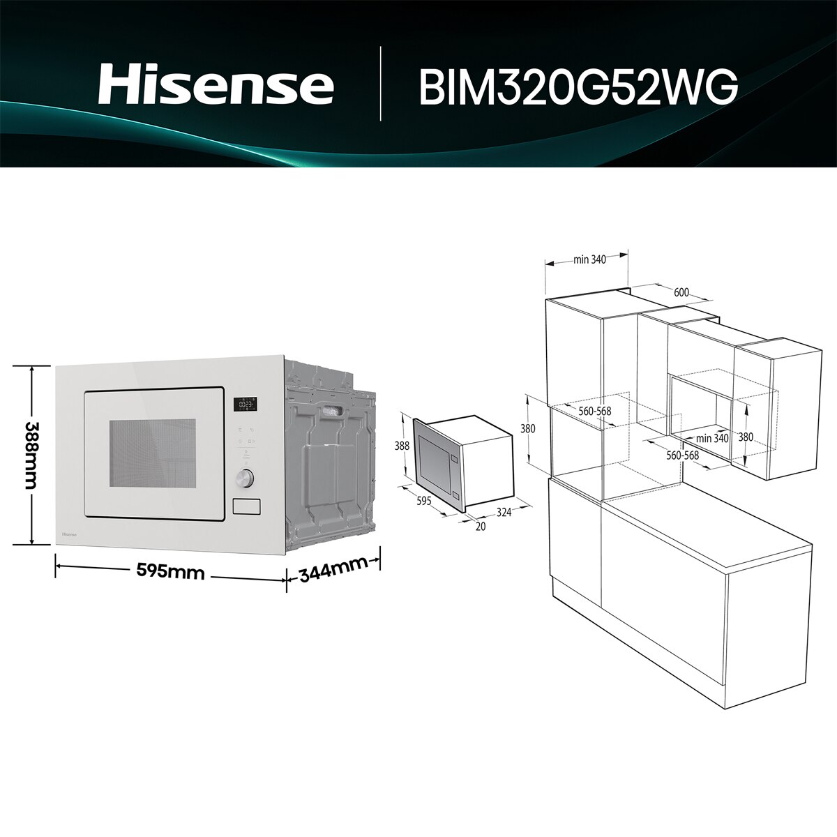 Microondas integrable Hisense 20 litros y grill - BIM320G52WG - Cristal blanco Cristal blanco-2