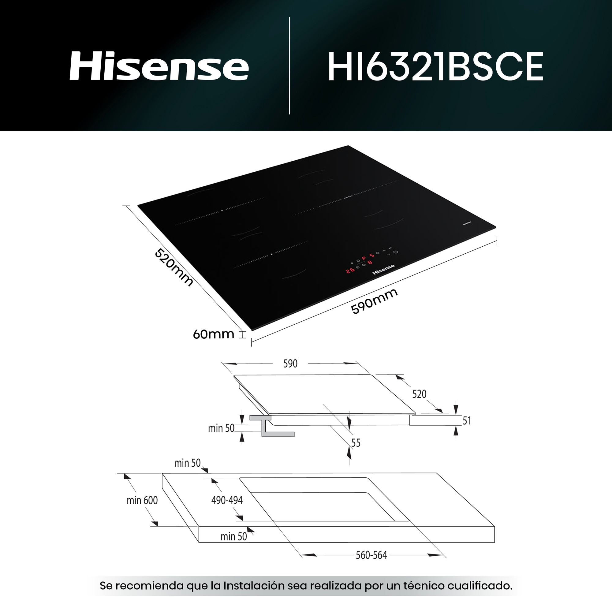 Placa inducción Hisense con 3 zonas de cocción - HI6321BSCE Negro-2